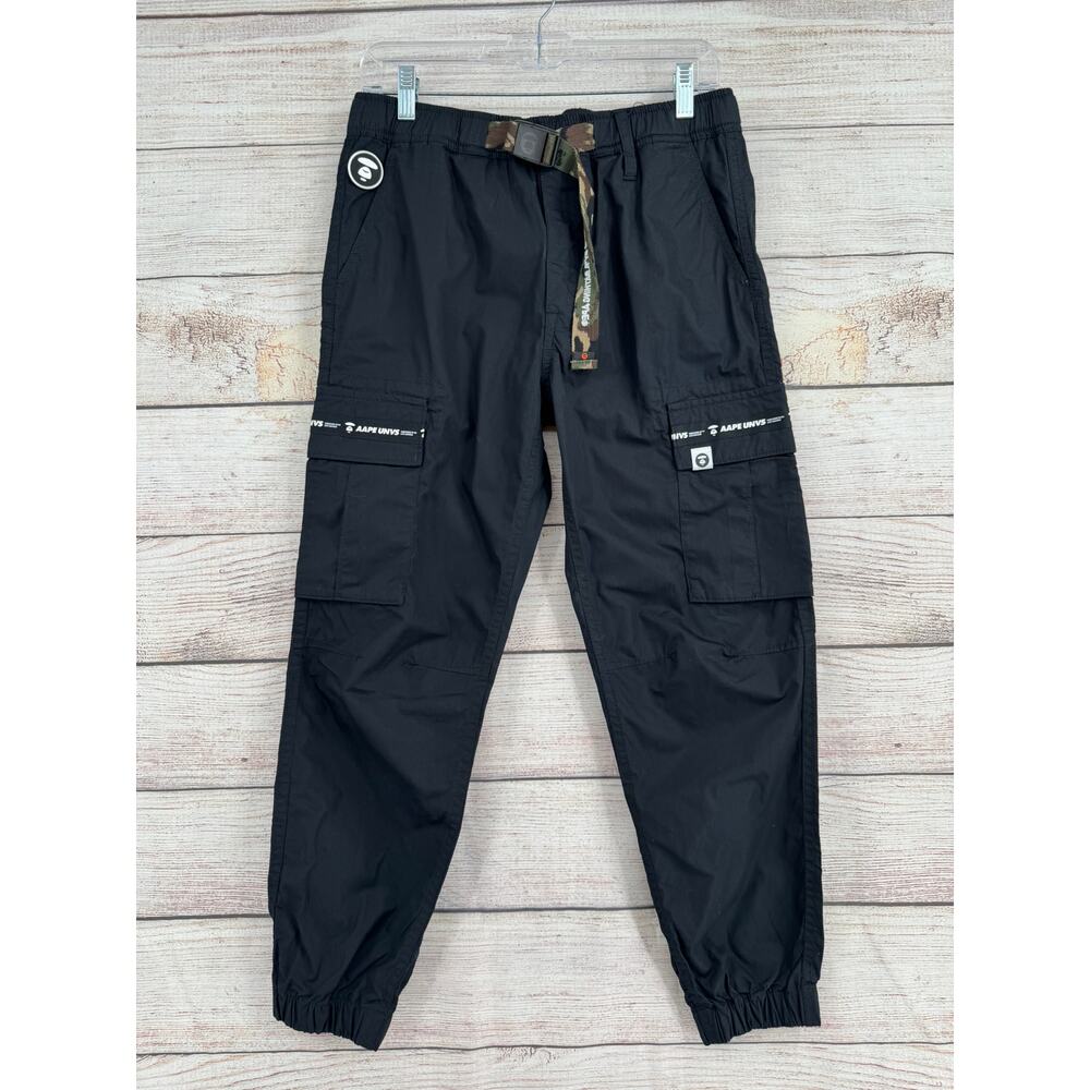 AAPE UNVS A Bathing Ape Cargo Jogger Pants Mens‎ Small Black Belted NEW